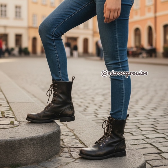 Frye Veronica Combat Distress Black Brown Tumbled Leather Laced Combat AnkleBoot - Picture 2 of 14